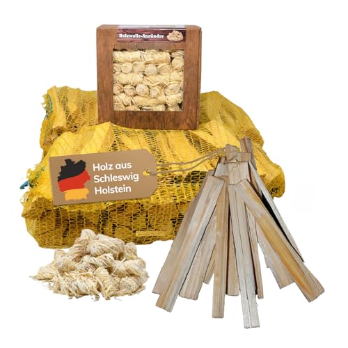 Landree Anfeuerholz-Spar-Set, 6 kg + 65 Stück Holzwolle Anzünder und Anmachholz, Holzwolle für Kamin, Ofen, Kaminofen, Grill und Smoker, nachhaltige Qualität aus Schleswig Holstein von Landree