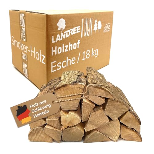 Landree Smoker Holz Esche Ash-Tree 18 kg für Smoker, Lagerfeuer & Grill, ca. 20 cm Scheitlänge, kammergetrocknet, Kaminofen Holz, Smoker Holz vom Familien-Holzhof aus Schleswig Holstein von Landree