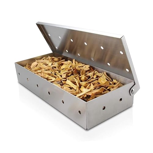 Landree® Räucherbox aus rostfreiem Edelstahl mit 28 Löcher, inkl. Seitenlöcher zur optimalen Rauchverteilung. Mit praktischem Klappdeckel. (befüllt mit Räucherchips) von Landree