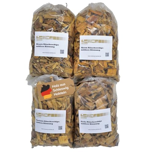 Landree® Starter-Set Räucherchips 4 x je 2 Liter -Halbes Schwein- (Akazie, Ahorn, Kastanie, Eiche) Wood Chips für Grill Smoker BBQ von Landree