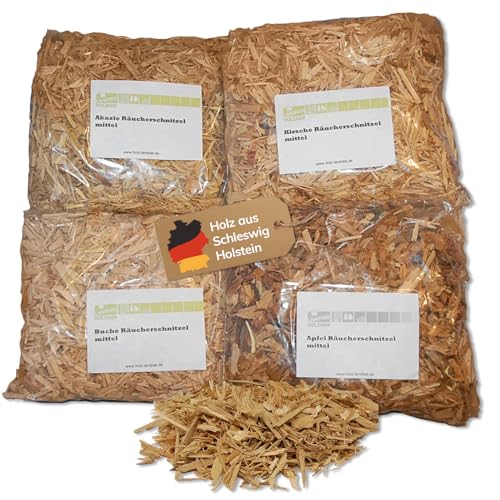 Landree® Starter Set Wood Cuttings Räucherschnitzel 4X 2L (Kirsche, Apfel, Akazie, Buche) für Smoker und Grill direkt vom BBQ-Holzhof von Landree