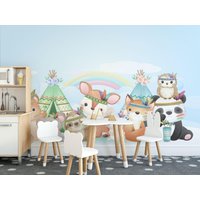 Boho Tiere Vinyl Wandbild/Peel & Stick Baby Tier Tapete Buntes Foto von LandscapeWalls