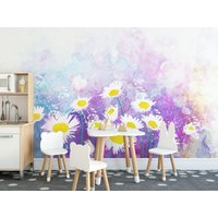 Florales Abnehmbares Vinyl Wandbild/Peel & Stick Aquarell Florale Tapete Lila Daisies Druck von LandscapeWalls