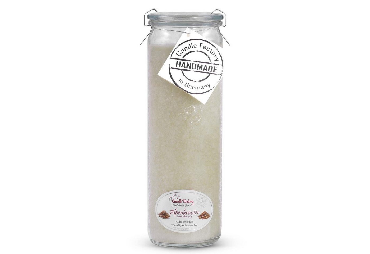 Landshop24 Duftkerze Candle-Factory Duftkerze aus Stearin im Weckglas Big Jumbo (Duft "Alpenkräuter), brennt bis zu 100h von Landshop24