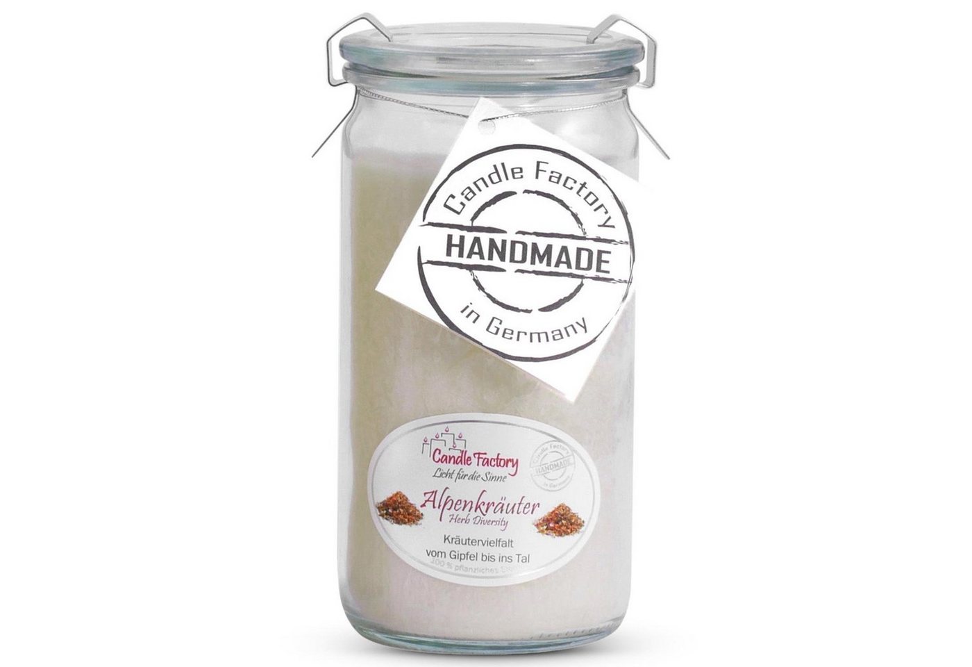 Landshop24 Duftkerze Candle-Factory Duftkerze aus Stearin im Weckglas Mini Jumbo (Duft Alpenkräuter), brennt bis zu 70h" von Landshop24