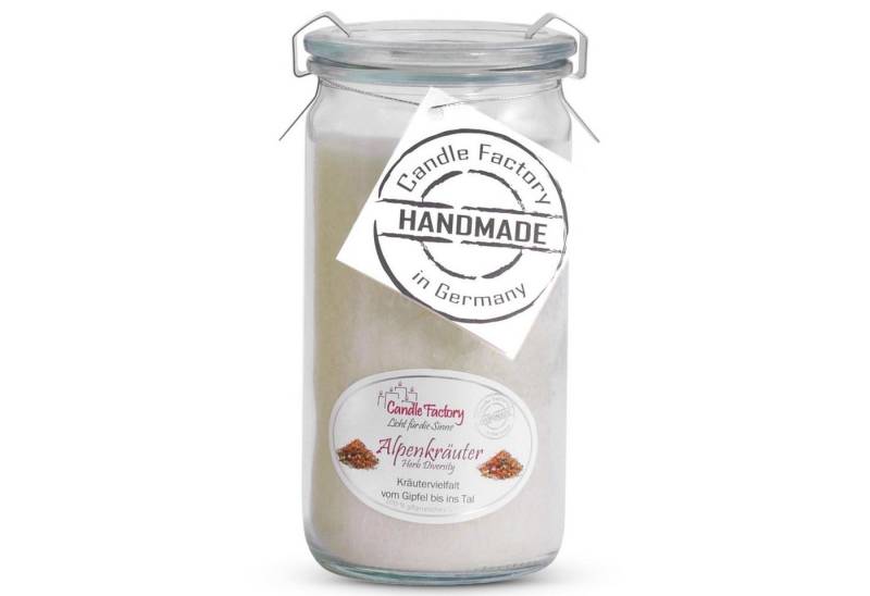 Landshop24 Duftkerze Candle-Factory Duftkerze aus Stearin im Weckglas Mini Jumbo (Duft "Alpenkräuter), brennt bis zu 70h von Landshop24