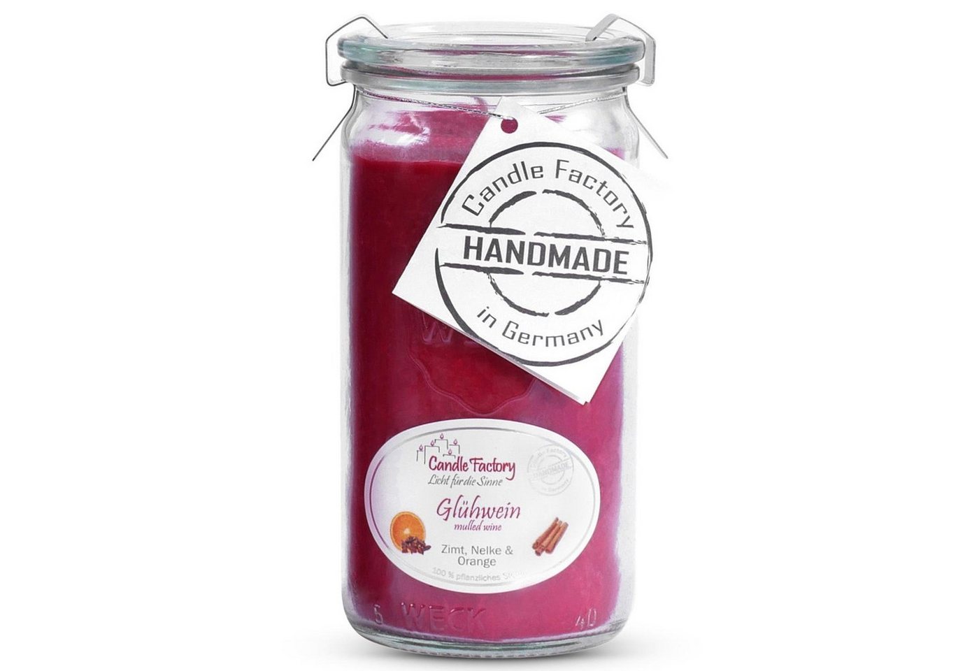 Landshop24 Duftkerze Candle-Factory Duftkerze aus Stearin im Weckglas Mini Jumbo (Duft: Glühwein), brennt bis zu 70h von Landshop24