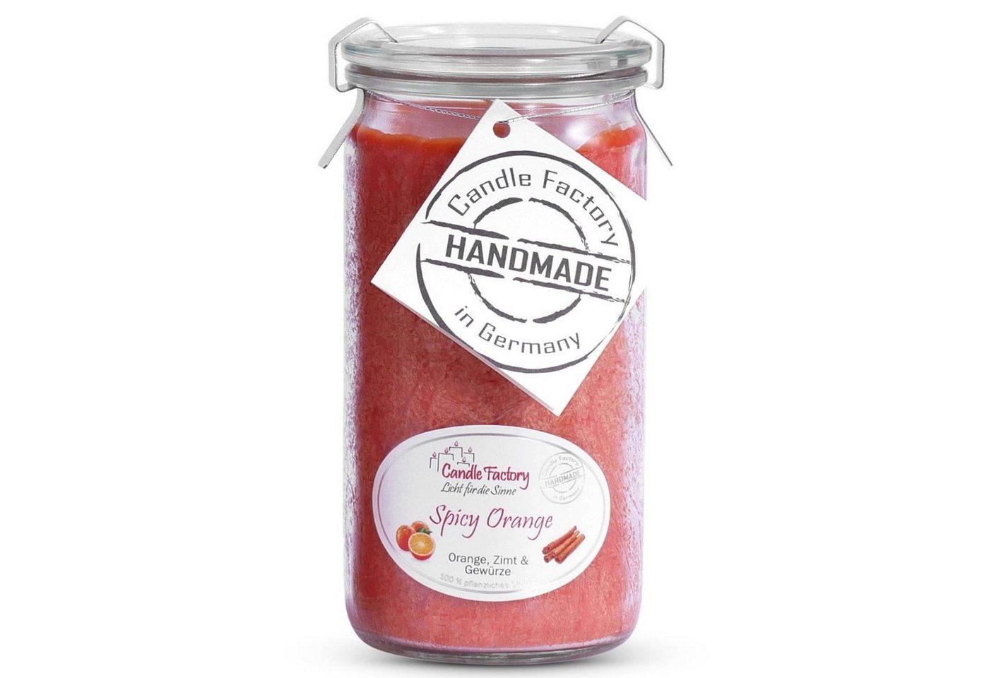 Landshop24 Duftkerze Candle-Factory Duftkerze aus Stearin im Weckglas Mini Jumbo (Duft: Spicy Orange), brennt bis zu 70h von Landshop24