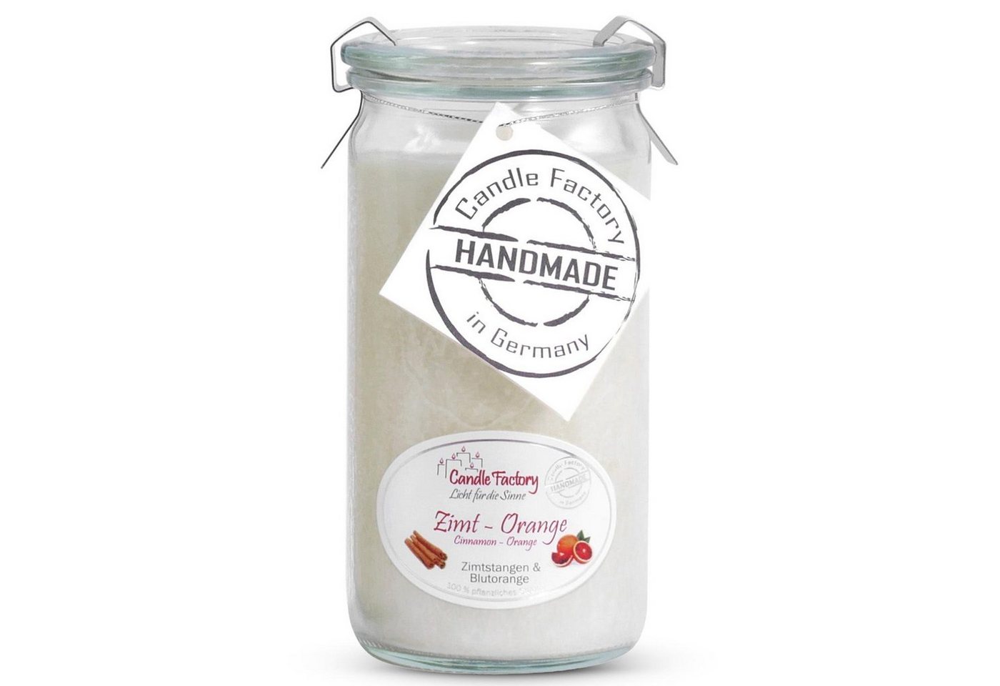 Landshop24 Duftkerze Candle-Factory Duftkerze aus Stearin im Weckglas Mini Jumbo (Duft: Zimt-Orange), brennt bis zu 70h von Landshop24