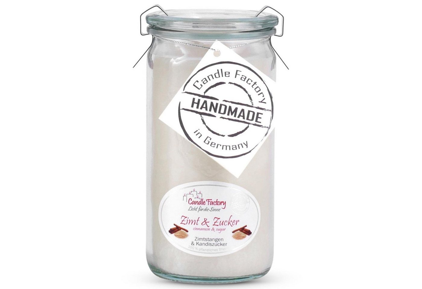 Landshop24 Duftkerze Candle-Factory Duftkerze aus Stearin im Weckglas Mini Jumbo (Duft: Zimt-Zucker), brennt bis zu 70h von Landshop24