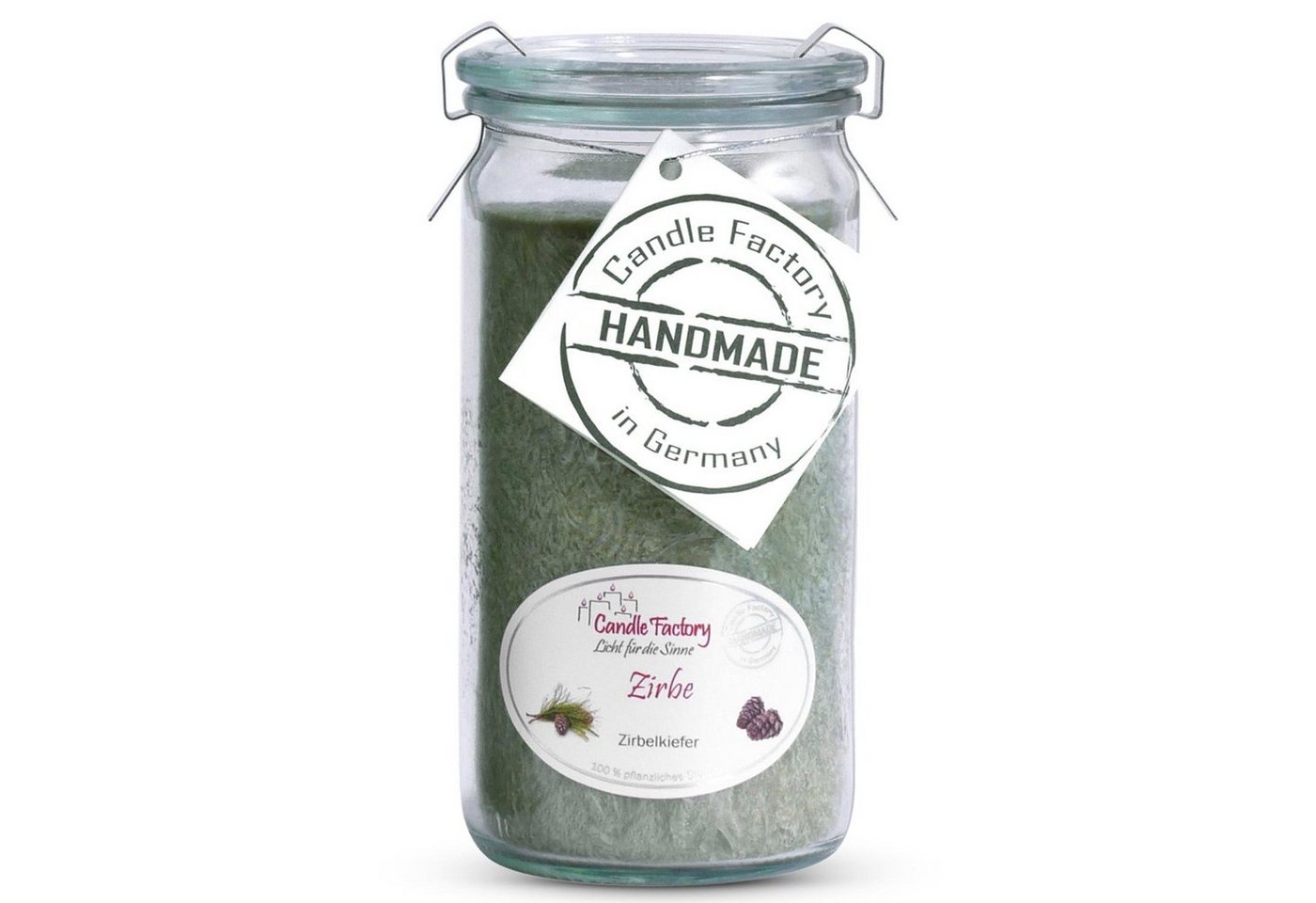 Landshop24 Duftkerze Candle-Factory Duftkerze aus Stearin im Weckglas Mini Jumbo (Duft: Zirbe), brennt bis zu 70h von Landshop24