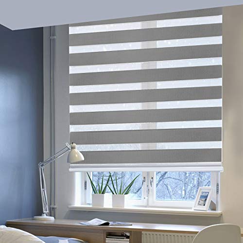 Doppelrollo ohne Bohren Klemmfix, Duo Rollo Seitenzugrollo mit Klämmträgern, Sicht und Sonnenschutz für Fenster Tür Wand, lichtdurchlässig u. Verdunkelnd (Holzoptik Grau, 110 x 150 cm) von Laneetal