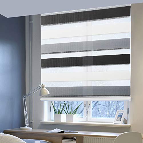 Doppelrollo ohne Bohren Klemmfix, Duo Rollo Seitenzugrollo mit Klämmträgern, Sicht und Sonnenschutz für Fenster Tür Wand, lichtdurchlässig u. Verdunkelnd (Weiß+Grau+Anthrazit, 55 x 150 cm) von Laneetal