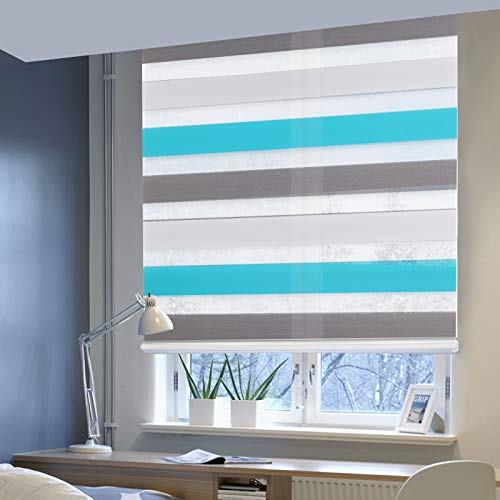Doppelrollo ohne Bohren Klemmfix, Duo Rollo Seitenzugrollo mit Klämmträgern, Sicht und Sonnenschutz für Fenster Tür Wand, lichtdurchlässig u. Verdunkelnd (Weiß+Grau+Türkis, 90 x 150 cm) von Laneetal