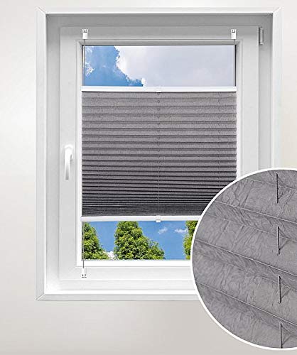 Laneetal Plissee ohne Bohren Klemmfix, Jalousie Faltrollo Crushed Optik, Grau 85 x 130 cm, mit Spannschue für Fenster und Tür, Easyfix klemmträger und verspannt, Sonnen-, Sicht- & Schallschutz von Laneetal