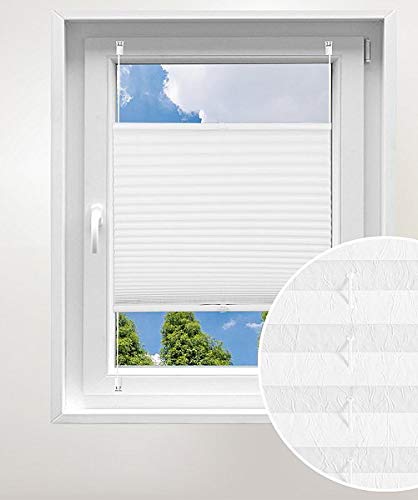 Laneetal Plissee ohne Bohren Klemmfix, Jalousie Faltrollo Crushed Optik, Weiß 60 x 130 cm, mit Spannschue für Fenster und Tür, Easyfix klemmträger und verspannt, Sonnen-, Sicht- & Schallschutz von Laneetal