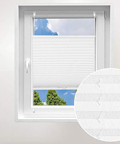 Laneetal Plissee ohne Bohren Klemmfix, Jalousie Faltrollo Crushed Optik, Weiß 100 x 130 cm, mit Spannschue für Fenster und Tür, Easyfix klemmträger und verspannt, Sonnen-, Sicht- & Schallschutz von Laneetal