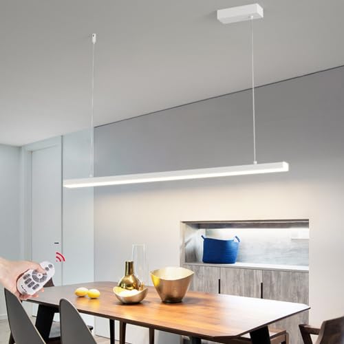 Dimmbare LED Pendelleuchte/Hängeleuchte Esstischlampe LED Esstisch Hängelampe Schwarz Pendellampe Moderne linear Design Höhenverstellbar Kronleuchter für Küche Esszimmer Leuchten (Weiß, L90CM) von Lanekd