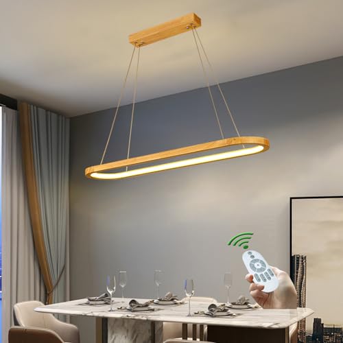 Esszimmerlampe Holz LED Pendelleuchte Esszimmer Esstischlampe Hängend Lampe Dimmbar Hängeleuchte Moderne Oval Hängelampe Höhenverstellbar mit Fernbedienung für Wohnzimmer Küche Schlafzimmer (L120) von Lanekd