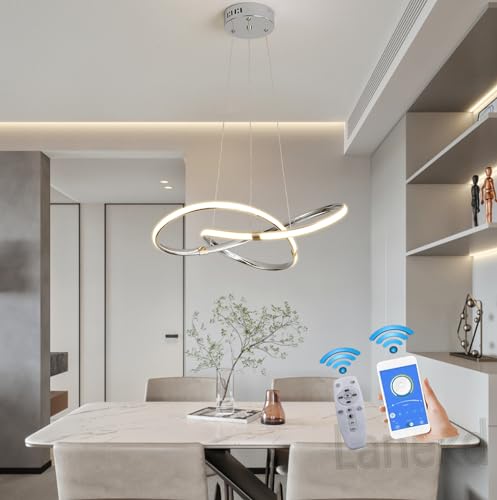 Esszimmerlampe LED Pendelleuchte Deckenlampe Esstisch Schlafzimmer Hängelampe Dimmbar mit Fernbedienung APP Kontrolle Farbwechsel Modern Höhenverstellbar Hängeleuchte Küche Hängend Lampe (Chrom) von Lanekd