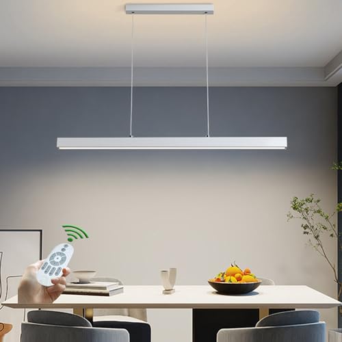 Hängelampe Esstisch Esszimmerlampe Weiß LED Pendelleuchte mit Holz Dimmbar Esstischlampe Küchelampe Hängend Lampe Modern Vintage Linear Design Deckenlampe mit Fernbedienung Büro Couchtisch Deko L80cm von Lanekd