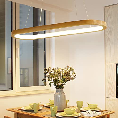 LED Pendelleuchte Holz Dimmbar Esstisch Hängelampe Höhenverstellbarer Esszimmerlampe Modern mit Fernbedienung Wohnzimmer Tisch Deko Decke Hängeleuchte Küchen Hängend Lampen (Warmes Licht, L90cm) von Lanekd