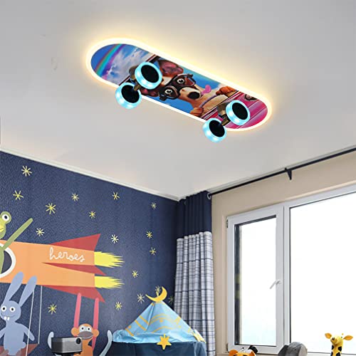 Kinderzimmer LED Deckenleuchte Gold Skateboard Dimmbar Schlafzimmerlampe Wohnzimmerlampe Moderne Metall Acryl Mit Fernbedienung Kronleuchter Junge Jugend Skateboardlampe Deko Decke Lampe (L60C) von Lanekd