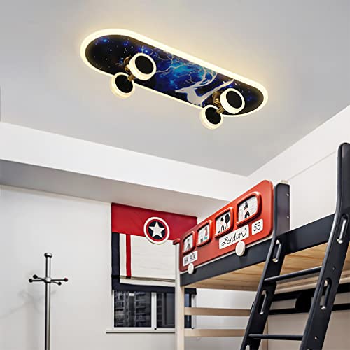 Kinderzimmer LED Deckenleuchte Gold Skateboard Dimmbar Schlafzimmerlampe Wohnzimmerlampe Moderne Metall Acryl Mit Fernbedienung Kronleuchter Junge Jugend Skateboardlampe Deko Decke Lampe (L60D) von Lanekd