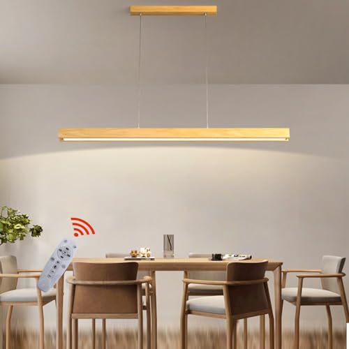 Pendelleuchte Holz Esstisch Esszimmer Lampen LED Hängelampe Dimmbar Hängeleuchte Wohnzimmer Küche Büro Hängend Leuchte Moderne linear Kronleuchter mit Fernbedienung Pendant Lampe (L100cm) von Lanekd