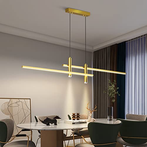 LED Esszimmerlampe Pendelleuchte Esstisch Hängelampe Dimmbar Hoehenverstellbar Wohnzimmer Küche Hängend Decke Lampe mit Fernbedienung, Modern Design Kronleuchter für Büro Landhaus (Gold, L90cm) von Lanekd