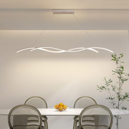 LED Hängelampe Esszimmerlampe Pendelleuchte Esstisch Lampe Dimmbar 10%-100% 3000K-6500K Hängend Modern Wellen Kronleuchter Höhenverstellbar mit Fernbedienung für Esszimmer Küche Büro (Weiß, L120cm) von Lanekd