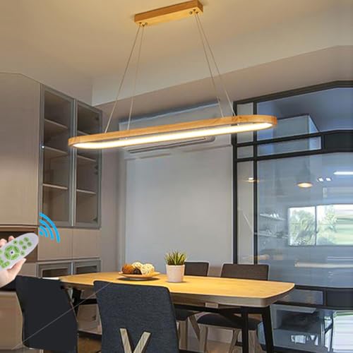 LED Pendelleuchte Aus Holz L90CM 50W 3000K-6000K Dimmbar Mit Fernbedienung Moderne Aus Natürlichem Holz Lampen + Acryl Ovale Esszimmerlampe Kinderzimmer Küche Büro Kronleuchter von Lanekd