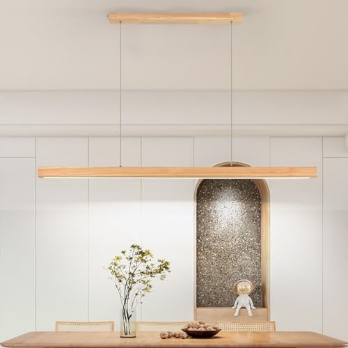 LED Pendelleuchte Holz Esstisch Esszimmer Lampe Dimmbare Moderne Linear Design Hängeleuchte mit Fernbedienung Höhenverstellbar Küchen Hängelampe für Büro Wohnzimmer (A, L100cm) von Lanekd