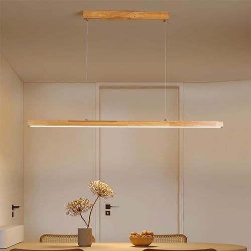 LED Pendelleuchte Holz Esstisch Esszimmer Lampe Dimmbare Moderne Linear Design Hängeleuchte mit Fernbedienung Höhenverstellbar Küchen Hängelampe für Büro Wohnzimmer (A, L120cm) von Lanekd