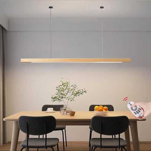 LED Pendelleuchte Holz Esstisch Hängelampe Dimmbar 120CM Hängeleuchte Moderner Linear Höhenverstellbar Designer Kronleuchter für Esszimmer Büro Küchen Wohnzimmer Hängend Lampe (Holz, L100CM) von Lanekd