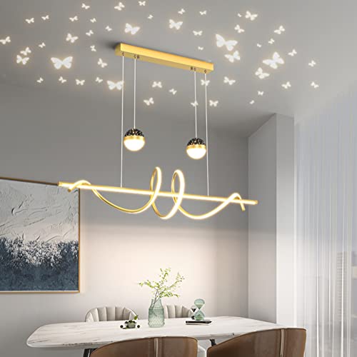 Lanekd Esszimmerlampen, LED Hängeleuchte Pendelleuchte Esstisch Küche Wohnzimmerlampe, Modern Schmetterling Projektion Deko Hängend Lampe 48W Dimmbar Mit Fernbedienung Esstischlampe (Gold 100cm) von Lanekd