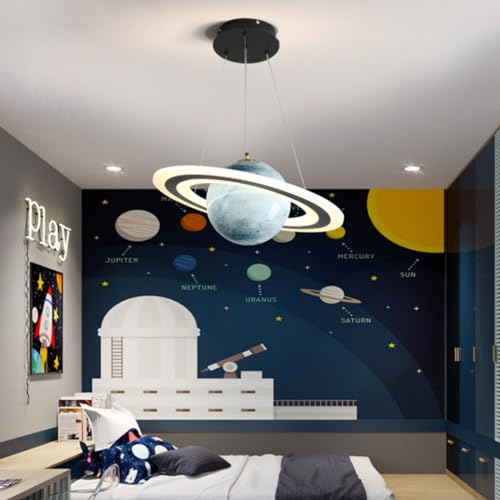 Lanekd LED Kinderzimmerlampe Pendelleuchte Dimmbar Ø48CM Planet Hängelampe Jungen Mädchen Schlafzimmerlampe Modern Rund Design Kronleuchter Küchen Esszimmer Wohnzimmer Hängeleuchte (Blau) von Lanekd