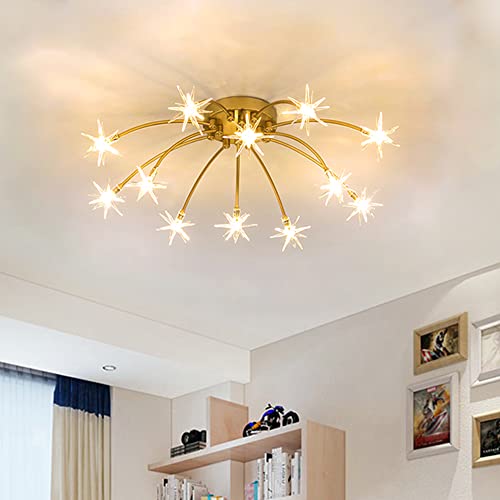 Lanekd LED Wohnzimmer Deckenlampe Gold Stern Styl Schlafzimmer Deckenleuchte Kinderzimmer Dekolampe Glas-schirm Esszimmer Kronleuchter Retro Design Küche Flur Pendelleuchte von Lanekd