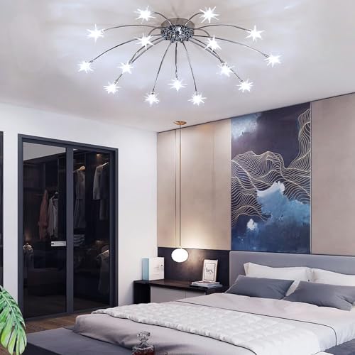 Lanekd LED Wohnzimmer Deckenlampe Stern Styl Schlafzimmer Deckenleuchte Kinderzimmer Dekolampe Glas-schirm Esszimmer Kronleuchter Retro Design Küche Flur Pendelleuchte (Chrom 15 Weißes Licht) von Lanekd