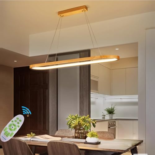 Lanekd Pendelleuchte Esstisch LED Hängeleuchte Moderne Esszimmer Holz Hängelampe Höhenverstellb Oval Designer Wohnzimmerlampe Dimmbar Mit Fernbedienung Küche Büro Schlafzimmer Kronleuchter von Lanekd