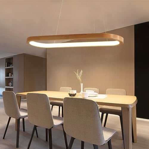 Lanekd Pendelleuchte Esstisch LED Hängeleuchte Moderne Esszimmer Holz Hängelampe Höhenverstellb Oval Designer Wohnzimmerlampe Dimmbar Mit Fernbedienung Küche Büro Schlafzimmer Kronleuchter von Lanekd