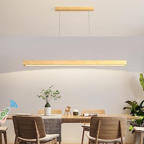 Moderne Dimmbare LED Pendelleuchte Holz Esstisch Hängeleuchte Mit Fernbedienung Pendellampe Linear Design Höhenverstellbar Kronleuchter Lampe für Küchen Esszimmer Büro Leuchte (L150CM) von Lanekd