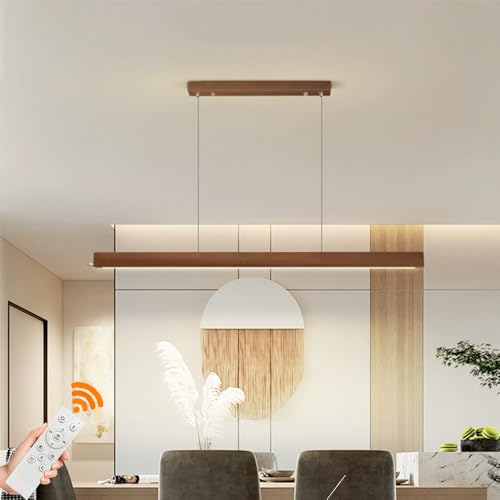 Moderne LED-Pendelleuchte Esstischlampe Holz-Pendelleuchte Dimmbare Lampe Designer Lineare Pendelleuchte Höhenverstellbarer Kronleuchter für Esszimmer Küche Büro Pendelleuchte (Braun, L120CM) von Lanekd