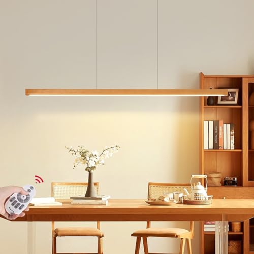 Moderne LED-Pendelleuchte Esstischlampe Holz-Pendelleuchte Dimmbare Lampe Designer Lineare Pendelleuchte Höhenverstellbarer Kronleuchter für Esszimmer Küche Büro Pendelleuchte (Holz, L120CM) von Lanekd