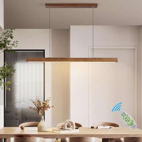 Pendelleuchte Esstischlampe LED L120CM Holz Hängeleuchte Dimmbare Mit Fernbedienung Büro Hängeleuchte Moderne Linear Design Kronleuchter für Esszimmer Küche Wohnzimmer Deckenlampe Braun von Lanekd