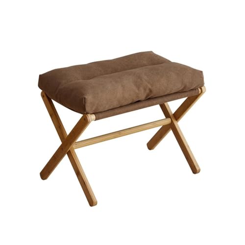 Laneryin Faltbare Fußstütze, Makeup Eitelkeit Hocker, Ottoman Fußstütze Stuhl für Vanity, Holz Fußhocker mit Bambus X Beinen, Leinen Sitzhocker für Wohnzimmer, Schlafzimmer (Kaffeefarbe) von Laneryin