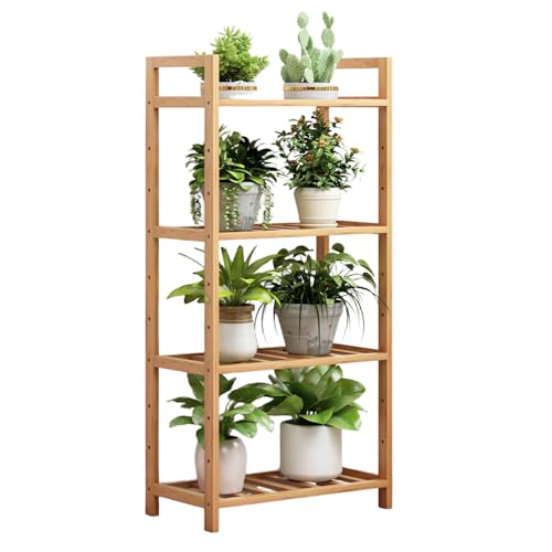 Laneryin Pflanzenregal mit 4 Ebenen, Küchenregal, Bambusregal Bad, Bambusleiter-Bücherregal, Speisekammer Regal, Freistehendes Aufbewahrungsregal für Wohnzimmer, Badezimmer, Küche, Balkon von Laneryin