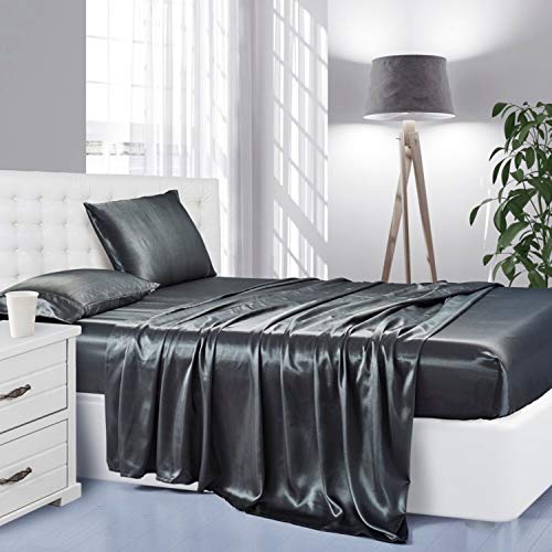 Lanest Housing Seidensatin-Bettlaken, 4-teiliges California-King-Size-Satin-Bettwäsche-Set mit tiefen Taschen, kühlend, weich und hypoallergen, Satin-Bettlaken, Cal King - Grau von Lanest Housing