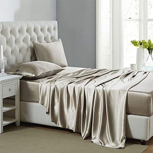 Lanest Housing Seidensatin-Bettlaken, 4-teiliges King-Size-Bettwäsche-Set mit tiefen Taschen, kühlend, weich und hypoallergen, Satin-Bettlaken, Kingsize-Bett, Taupe von Lanest Housing
