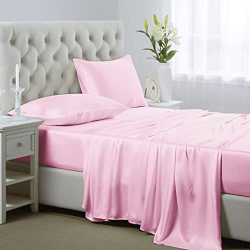 Lanest Housing Seidensatin-Bettlaken, 4-teiliges Queen-Size-Bettwäsche-Set mit tiefen Taschen, kühlend, weich und hypoallergen, Satin-Bettlaken für Queensize-Bett – Rosa von Lanest Housing